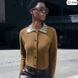 Brown Cardigan with Embellished Collar